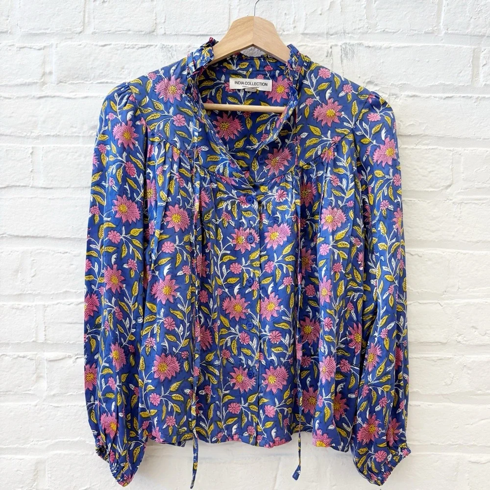 Emerson Fry || Emmaline Blouse Blue Chrysanthemum Satin Block Print Floral - Picture 1 of 10